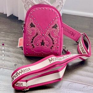 Montana West Embroidered cutout boot scroll sling bag,antique silver studs,zips